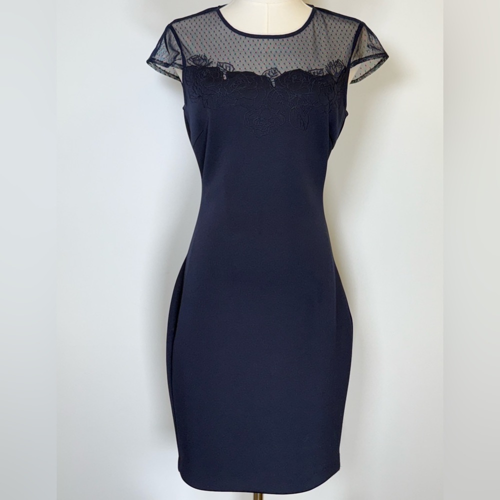 Guess Los Angeles Navy Cap Sleeve Lace Illusion Sheath Dress Women’s Size 4